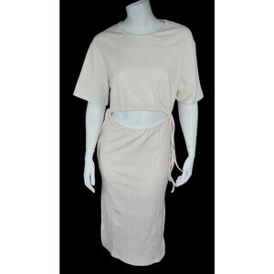 4th and Reckless Womens Small Cream Textured Midi Dress Cutout Short Sleeve